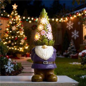 Solar Garden Outdoor Statues Gnome with Succulent and 7 LED Lights - Lawn Decor